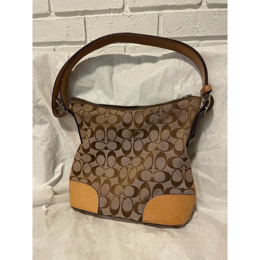 Coach Signature Hobo Bag Brown Tan Canvas Leather Zipper Issue AS IS Orange